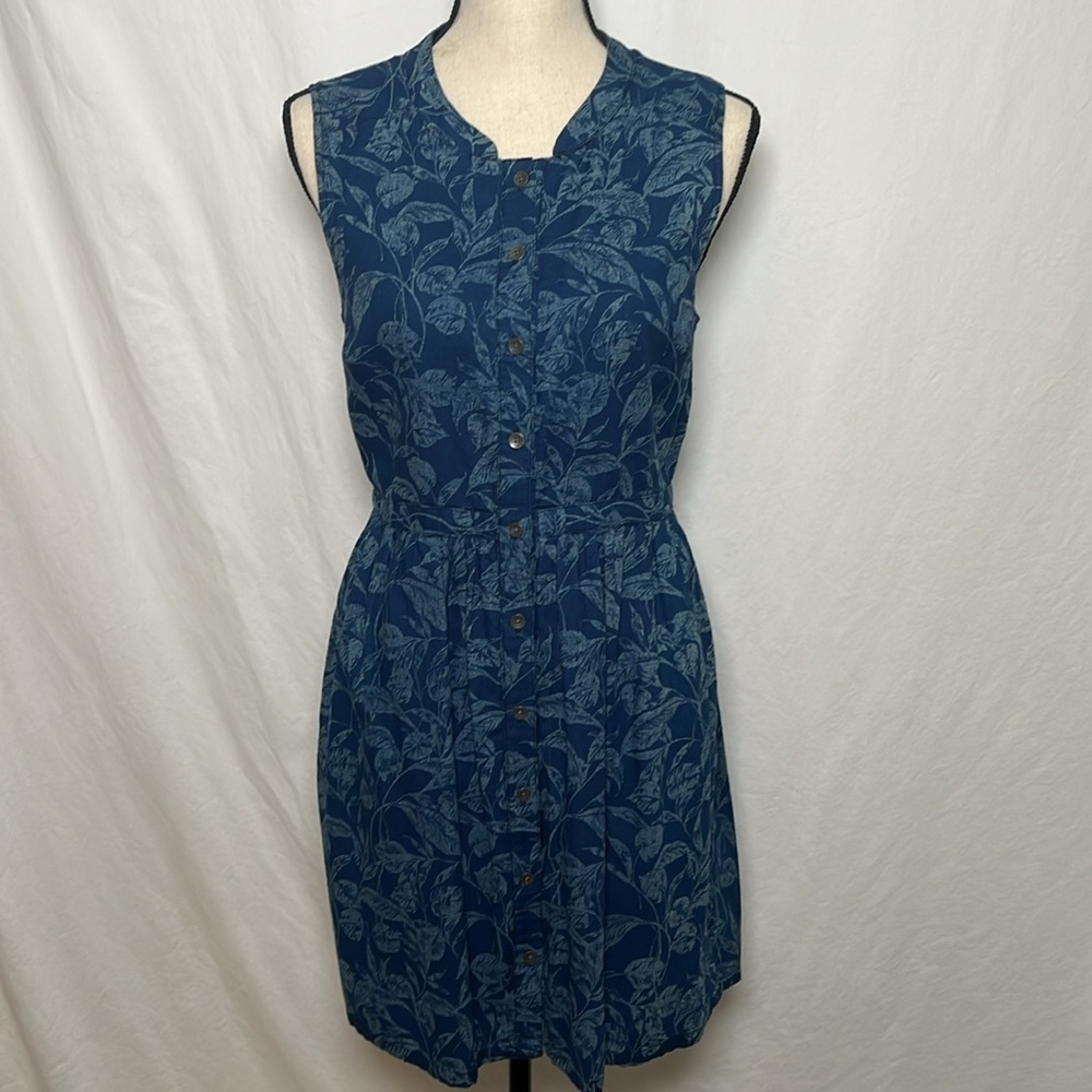 Madewell Blue Button Front Dress Pockets Size 4 Leaf Print 100% Cotton